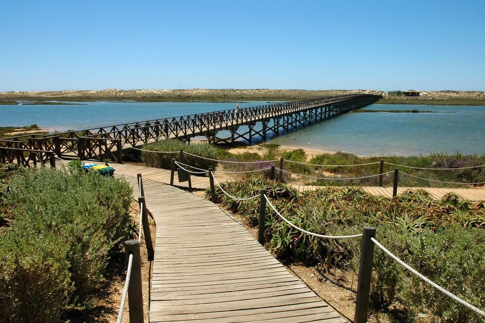 wooden bridge that goes over ria formosa and connects the car park and the quinta do lago beach in algarve
